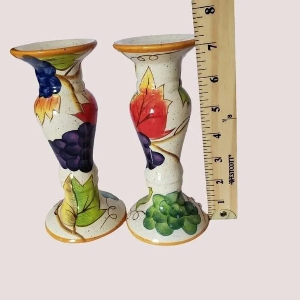 Hand painted ceramic candle holders w/ fruit  & leaf design